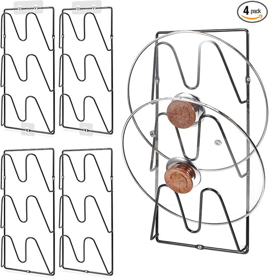 4-Pack Pot Lid Organizer – Heavy-Duty Metal Total 12 Tier Lid Rack for Cabinet, Wall, or Door, No-Drill Adhesive Mount – Space-Saving Kitchen Storage (Black)