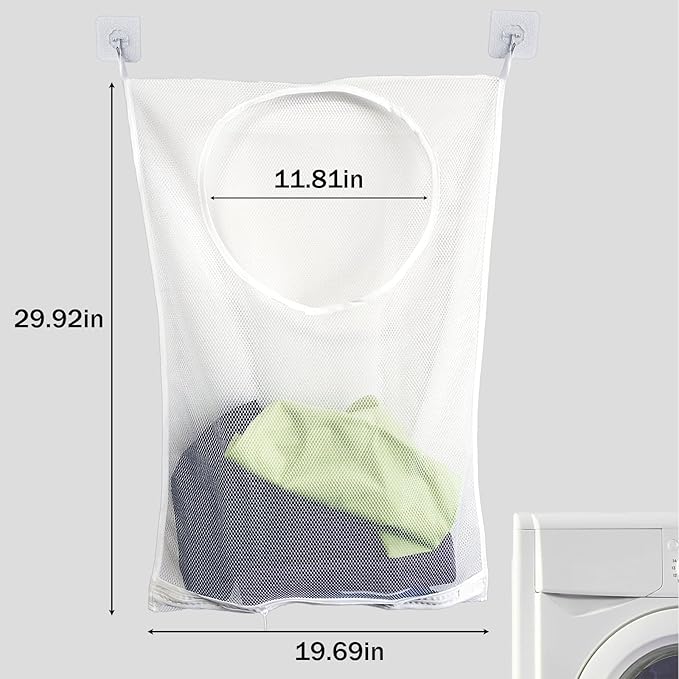 Foldable Wall Hanging Laundry Bag, Large Portable Bag for Dirty Clothes Organization, 30x20 Inch White Polyester, Ideal for Bathroom Storage & Dorm Room Organizer, with 2 Adhesive Hooks (1 Pack)