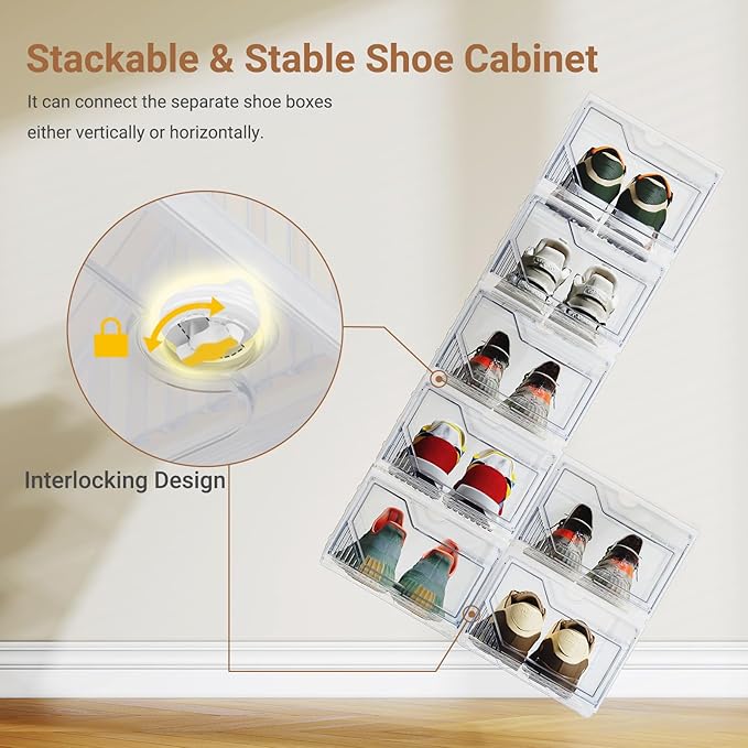 XX-Large Shoe Sneaker Storage Boxes for Size 14, Stackable & Thicken Clear Plastic Shoe Organizers 6 Packs for Entryway Closet Under Bed, Shoe Storage Cabinets Container Display Case w/ Magnetic Door