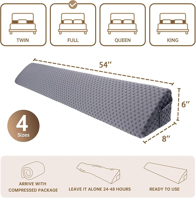 Full Size (54"x6"x8") Bed Wedge Pillow for Headboard Mattress Gap Filler (0-6") for College Dorm Sleeping, Dark Gray