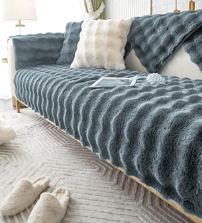 Soft Warm Faux Fur Couch Sofa Cover Thick Shaggy Fuzzy Sectional Couch Cover Non-Slip Solid Color Plush Sofa Slipcover Furniture Protector for Kids, Pets (Grey Black,28"x47")
