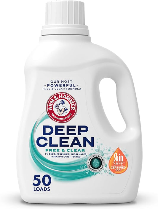 ARM & HAMMER Deep Clean Free & Clear Liquid Laundry Detergent, Free of Dyes, Perfumes and Phosphates, Suitable for Sensitive Skin, Dermatologist Tested, 75 Fl Oz, 50 Loads