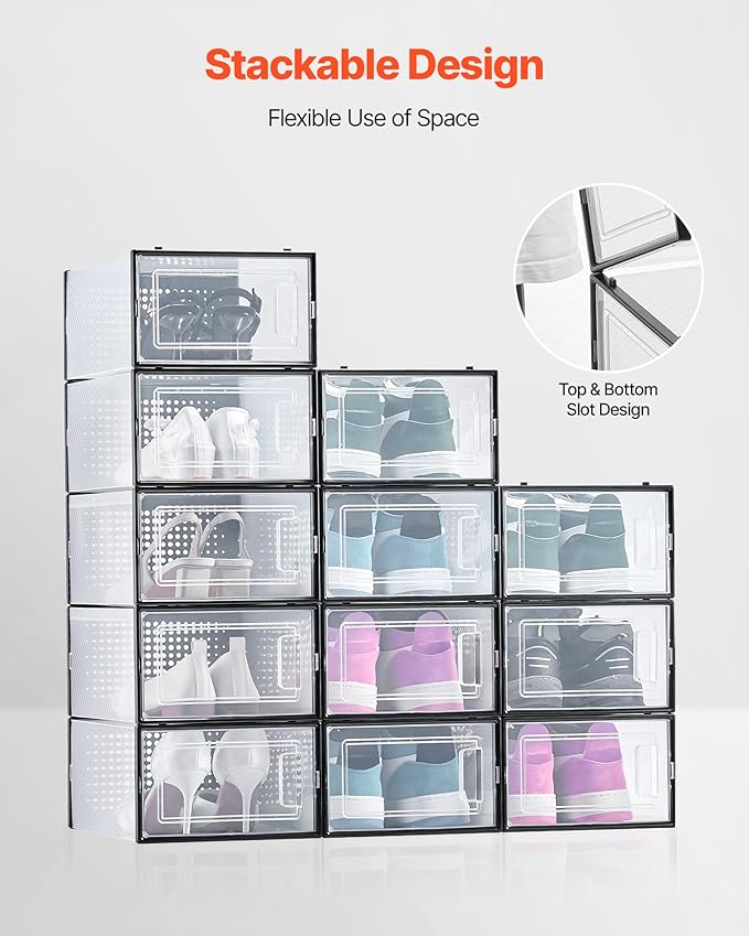 VEVOR Shoe Storage Boxes, 12 Pack Stackable Shoe Boxes Storage Organizers, Fit up to US Size 11, Plastic Modular Space Saving Sneaker Containers for Storing High Heels, Boots, and Hats, Black Frame