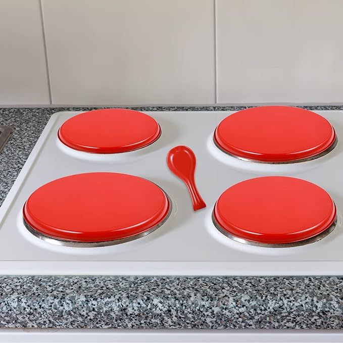 4 Pcs 8" 10" Electric Stove Burner Covers 1 Pcs 3.8" x 8.7" Ceramic Spoon Rest Stainless Steel Stove Top Covers for Gas Burners Spoon Holder for Winter Kitchen Coffee Bar Accessories(Red Cover)