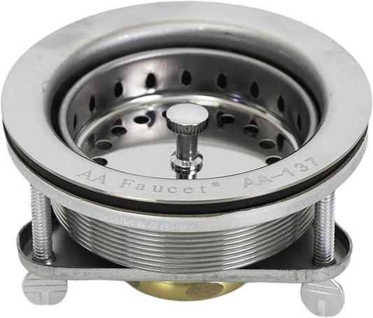 AA-137 3-1/2 Inch Stainless Steel Commercial Compartment Sink Drain Strainer Kit with Removable Strainer Basket Stopper and Brass Screw Nut