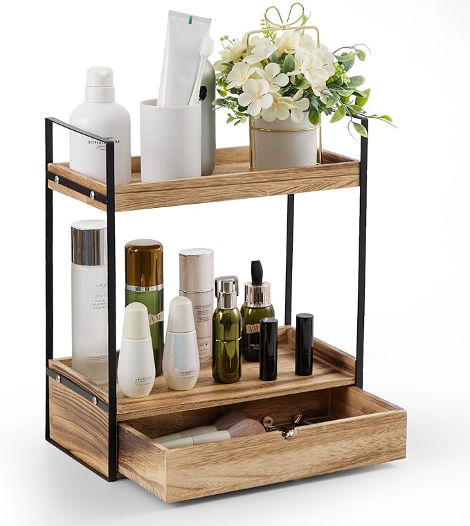 2-Tier Bathroom Organizer Countertop with Drawer, Wood Counter Shelf for Storage, Cosmetic Storage Vanity Tray for Bathroom Organization for, Kitchen, Office