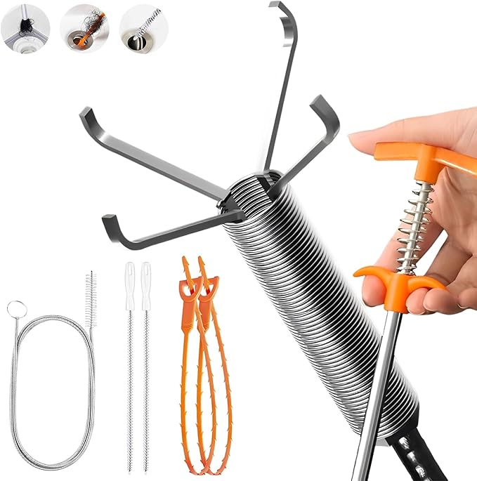 Drain Snake, Drain Clog Remover - Gutter Cleaning Tools Drain Cleaner for Toilet Sewer Shower Kitchen Bathroom Tub Clogged Drains Opener Cleaning Tool, Flexible Grabber Claw Pick Up Reacher (63 inch)