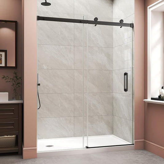 Frameless Shower Door,Single Sliding Glass Shower Door with Nano Coating & Safety Film, Adjustable 49"-54" W x 72" H, Matte Black,1/4" (6mm) SGCC Tempered Glass