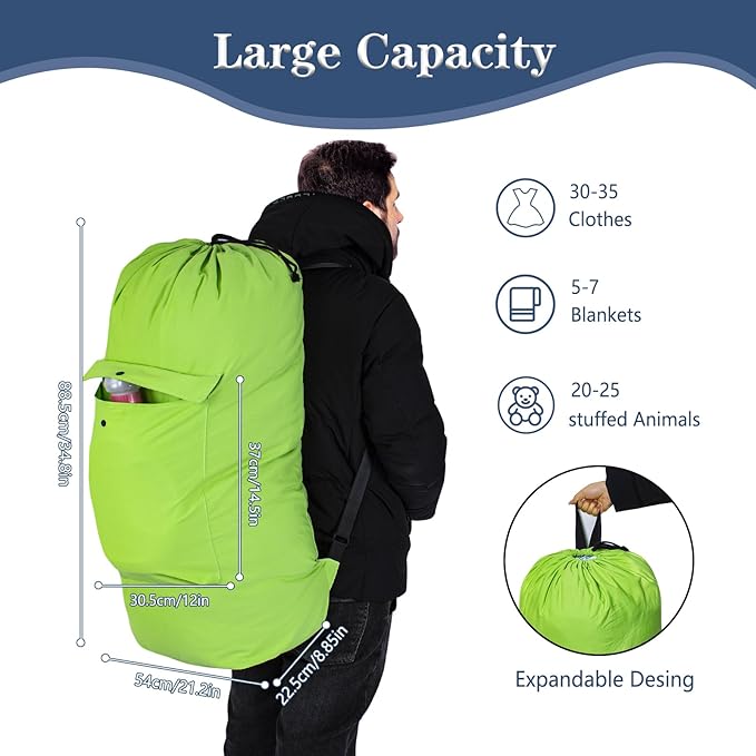 Sanlykate Canvas Backpack Laundry Bag - Extra Large Durable Dirty Clothes 2-3 Days Capacity with Adjustable Shoulder Strap & Front Pocket, for College Dorm, Apartment, Laundromats, Camping Travel