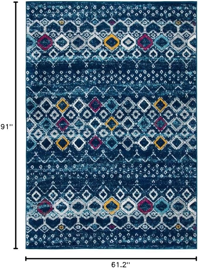 SAFAVIEH Amsterdam Collection Area Rug - 5'1" x 7'6", Navy & Turquoise, Moroccan Boho Design, Non-Shedding & Easy Care, Ideal for High Traffic Areas in Living Room, Bedroom (AMS108M)