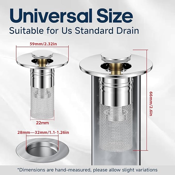 Pop Up Sink Drain Strainer, Bathroom Sink Drain Stopper with Removable Stainless Steel Drain Hair Catcher Basket, Universal Bathroom Sink Stopper Replacement, Drain Plug Filter (4PCS)