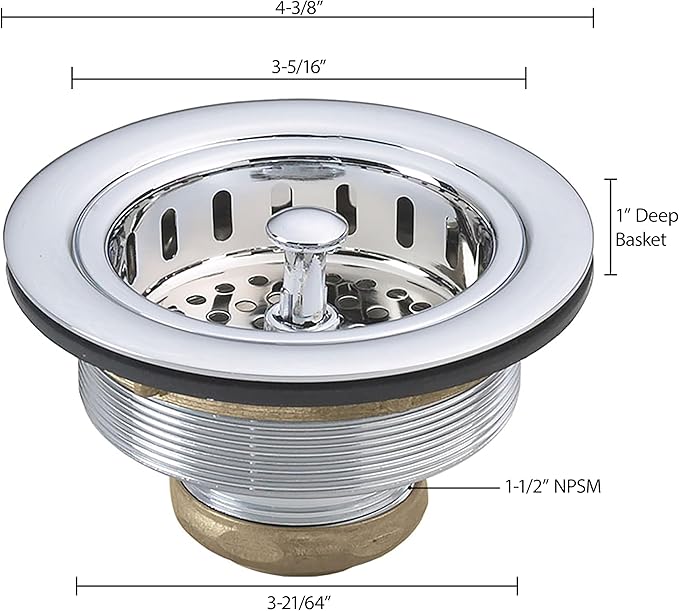 Westbrass A214-26 3-1/2" Post Style Large Kitchen Sink Basket Strainer, Polished Chrome