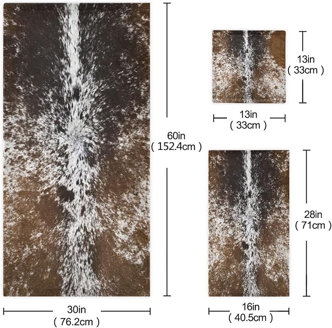Western Cow Print Bath Towels Set,Absorbent Soft 3 Piece Brown Farm Cowhide Animal Fur Pattern Towels for Bathroom,1 Bath Towel 1 Hand Towel 1 Washcloth,Quick Dry Decoractive Bathroom Towels