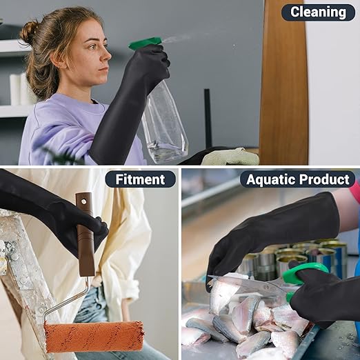Thick Chemical Resistant Rubber Gloves, 3 Pairs 22" Black Safety Work Gloves, Waterproof Cleaning Protective Heavy Duty Gloves, Acid/Alkali/Oil Resistant Gloves with Non-Slip Diamond Grip