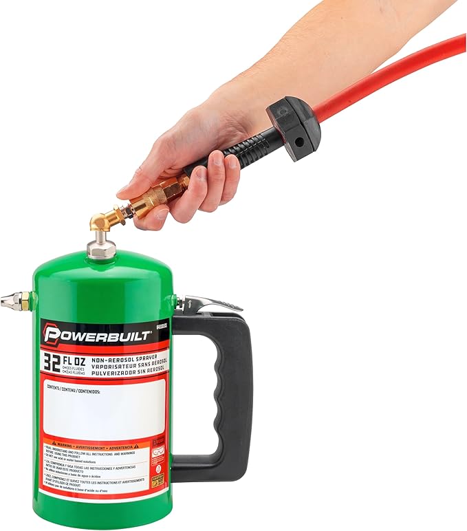 Powerbuilt 1 Quart Refillable Non-Aerosol Pressurized Sprayer for Oil, Lubricants, Degreasers - 32oz Canister with Brass Nozzles & Stainless-Steel Corrosion Resistant Inner Lining (Green) - 643101ECE