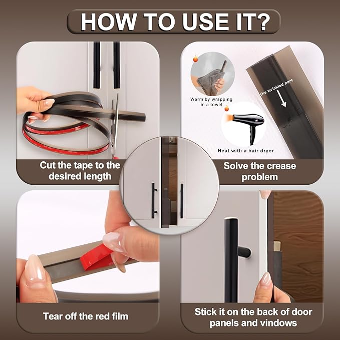Gray Cabinet Door Seal Strip, 49ft (5 Rolls) Self-Adhesive Weather Stripping for Modern Wardrobe & Aluminum Window Gaps, Dustproof Soundproof Door Filler Tape, NACONMLET Sealing Strip for Home