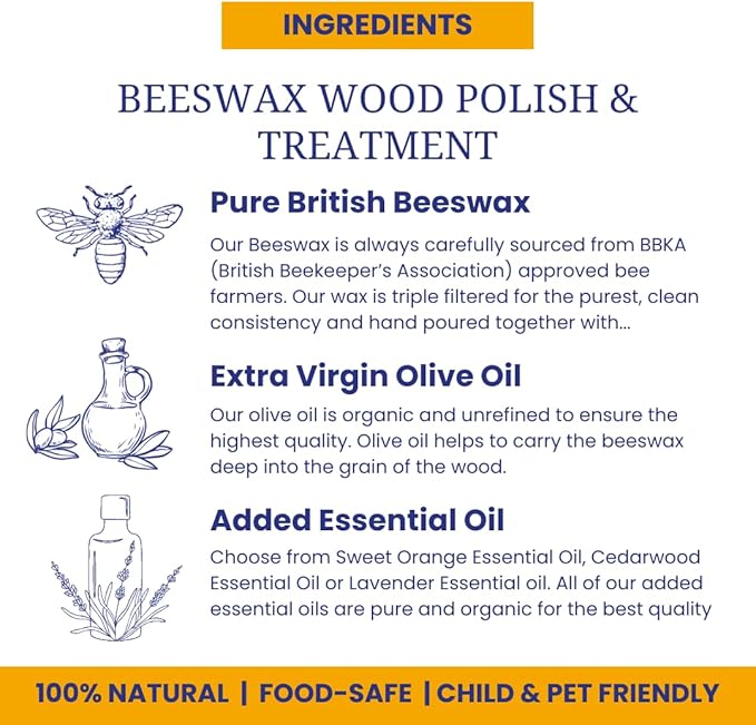 Beeswax Furniture Polish & Conditioner for Wood (Orange 3.4 Fl Oz) Enhances the Natural Beauty of Oak Pine Beech & More Seals & Protects for a Perfect Finish Bees Wax Polish Protects & Enhances