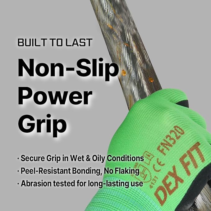 DEX FIT Nylon Work Gloves FN320, 3D Comfort Fit, Power Grip, Lightweight & Breathable, Touchscreen, Gardening, Yard Work, Warehouse, Delivery Driver Gloves; Green 11 (XXL) 3 Pairs