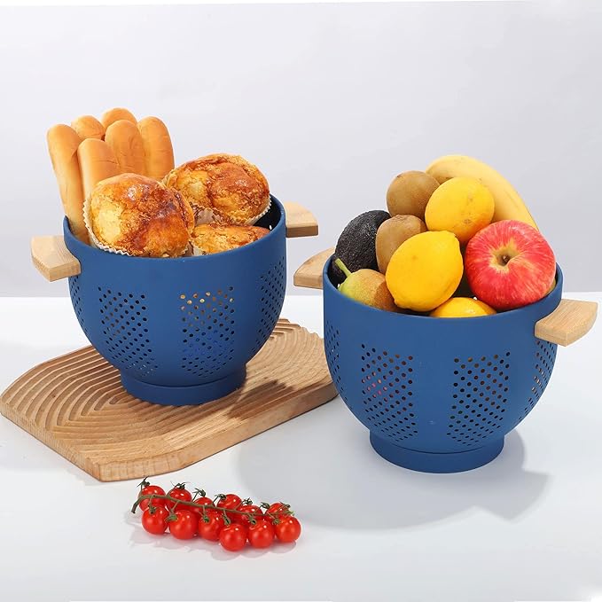 Metal Colander with Wood Handle, 5.5 Quart Powder Coated Steel Large Kitchen Strainer Stable Base,(Deep Blue, 11.26inch)