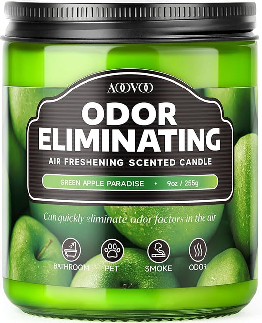 AOOVOO Green Apple Odor Eliminating Highly Fragranced Candle - Eliminates 95% of Pet, Smoke, Food, and Other Smells Quickly, Non Toxic Air Freshing Soy Candle, 9 oz Up to 50 Hours Burn time