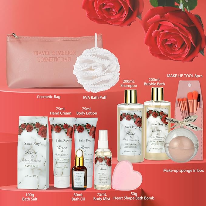21 Pcs Luxury Spa Gift for Women, Red Rose Bath and Body Basket Gift, Skin Care Kit, Home Spa Self Care, Make-up sponge Brush, Pampering Kit, Birthday, Christmas, Mother, Bridal Shower, Anniversary