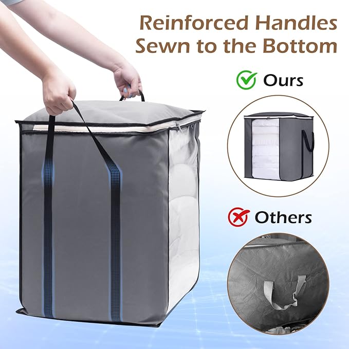 SLEEPING LAMB 120L Extra Large Blanket Storage Bags Breathable Clothes Storage Containers for King Comforter Bedding Pillow Sheet, Grey, 2 Packs