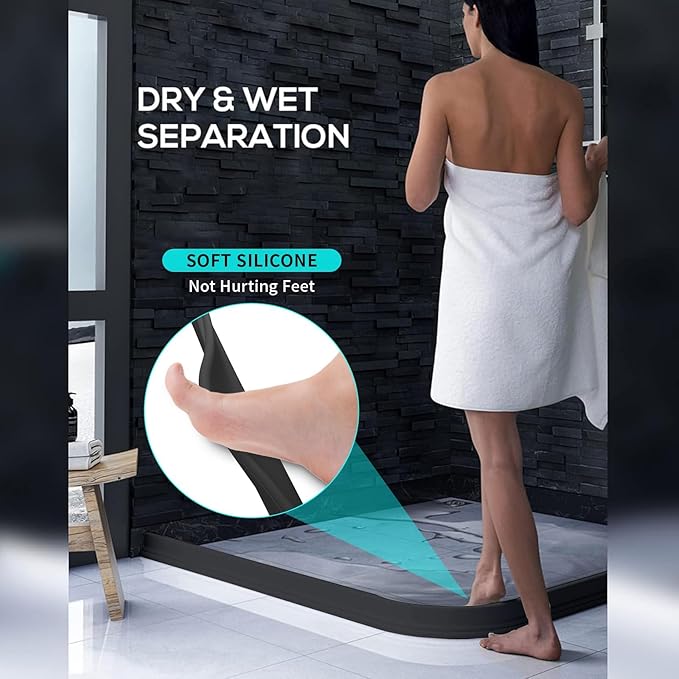 Hi-Na 3ft/5ft/6ft/8ft10ft Collapsible Shower Threshold Water Dam Water Barrier for Shower and Water Stopper Keeps Water Inside Water Threshold for Wet and Dry Separation (3ft, Black)