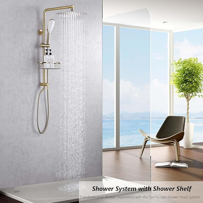 SonTiy Rain Shower Head System with Handheld Spray, 360° Adjustable Shower Arm Exposed Showerhead Kit with Caddy for Whole Family, Brushed Gold
