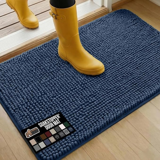 GORILLA GRIP SoakSTOPPER Dog Door Mat, 36x24 Machine Washable Rug Absorbent Doormat Captures Moisture Mud Dirt, Quick Dry Soft Chenille Entryway Rugs Indoor Entrance Mats for Dog Paws, Navy Blue