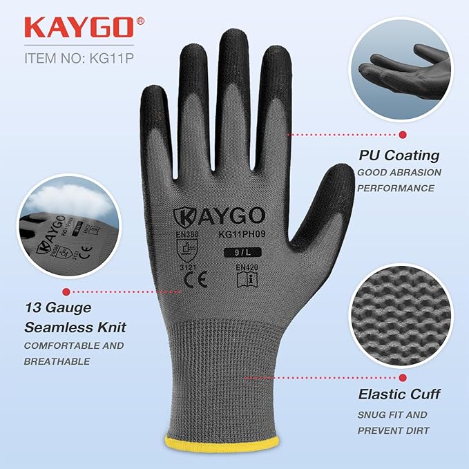 KAYGO Work Gloves for Men and Women, 60 Pairs Seamless Knit PU Coated Safety Gloves, with Smooth Grip on Palm and Fingers, Ideal for Light Warehouse, Manufacturing, Gardening, KG11P (XL,Gray)