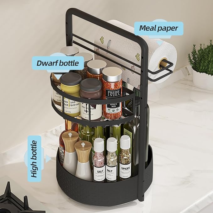 2 Tier Rotating Spice Rack Organizer with Paper Towel Holder, Lazy Susan Turntable Kitchen Organizer for Countertop & Cabinet, Metal Spice Rack for Bottles, Jars, Condiments, Black