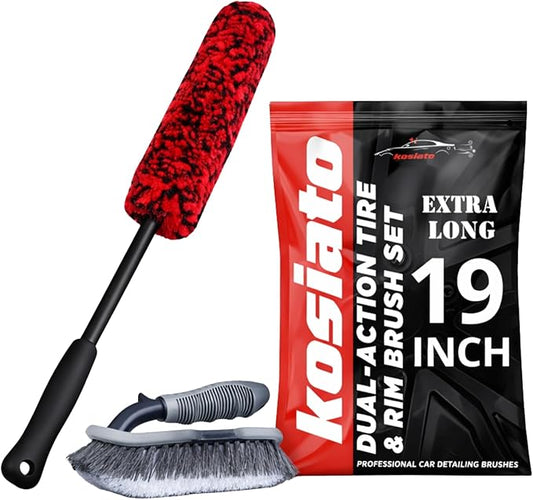 Car Wheel Brush & Wheel Barrel Brush Kit – 19" Soft Non-Scratch Microfiber Rim + Stiff-Bristle Scrubber for Tires, Rubber Mats & Motorcycles – Tire Brushes for Cleaning Tires