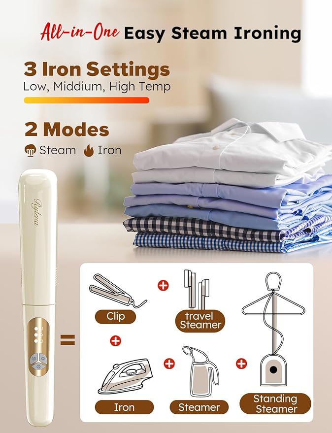 Travel Steamer Iron Portable, Rylena 180° Rotatable Handheld Press Iron for Clothes, No Ironing Board Needed, 2X Larger Leak-Proof Tank, Gentle&Quick De-Wrinkle, Crisp Crease, 3 Temp, Optional Steam