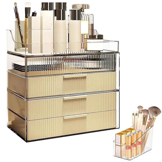 DASITON Cream Dustproof Four layers Storage Box,Makeup Brush Holder,Large Capacity Desktop Storage Box with Drawer,for Beauty Products,Perfume,Jewelry,Nail Polish