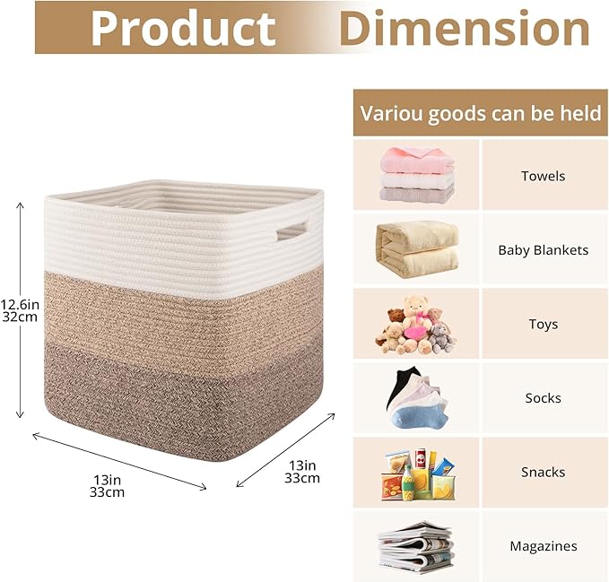 OIAHOMY 13 Kallax Inch Cube Storage Bins, 3-Pack Cotton Rope Woven Baskets for Organizing, Kallax Insert Storage Baskets for Shelves, Baby Nursery, Closet Organizer, 13 * 13 * 12.6IN, Gradient Brown