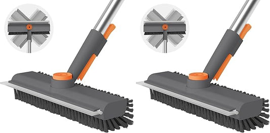 Floor Scrub Brush with Long Handle, 3 in 1 Scrape and Heavy-Duty Stiff Bristle Scrubber Brush for Cleaning Shower Bathroom, Patio, Pool, Garage, Kitchen, Wall and Deck (Gray, 2 Pack)