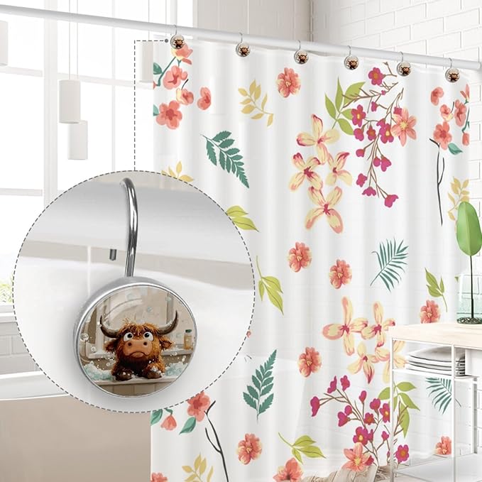 12 Packs Bathing Highland Cow Shower Curtain Hooks, Stainless Steel Glass Shower Curtain Rings for Bathroom Decor, Metal Rustproof Curtain Rod Hooks