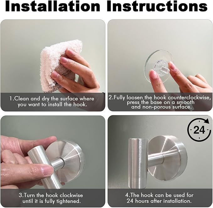 6 PCS Suction Cup Shower Towel Hooks, Wall Mount Robe Holder, Heavy Duty No Drill Wall SUS304 Waterproof Stainless Steel Hooks for Bedroom, Bathroom, Kitchen, Hotel and Office (Brushed Nickel)