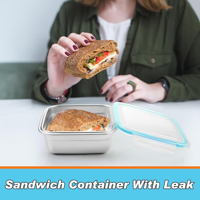 4 Pack Stainless Steel Sandwich Containers with Lids 25.4 oz Metal Food Container for Lunch Boxes with Airtight Silicone Seal for Sandwiches and Snacks(Light Blue)