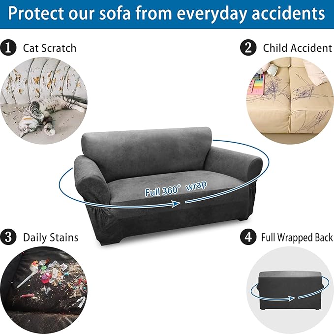 Loveseat Sofa Slipcover Leather Look Couch Covers for 2 Seater Couch Sofa 1-Piece Sofa Cover Stretch Furniture Protector with Elastic Bottom & Pockets(Loveseat, Grey)