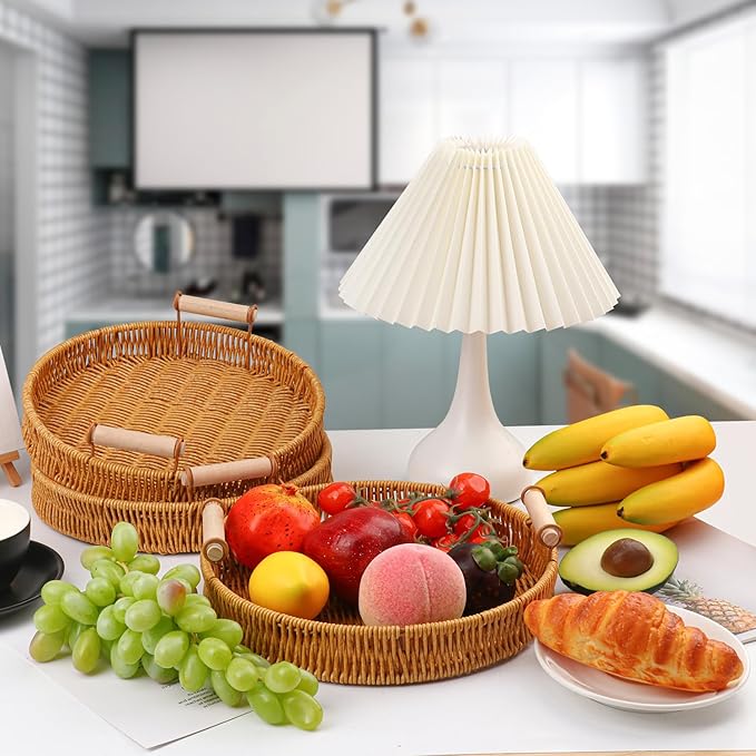 4 Pack 10.8 inch Round Rattan Tray, Round Woven Serving Basket with Handles, Storage Rattan Serving Trays for Home, Restaurant & Hotel Use, Durable & Easy-Cleaning