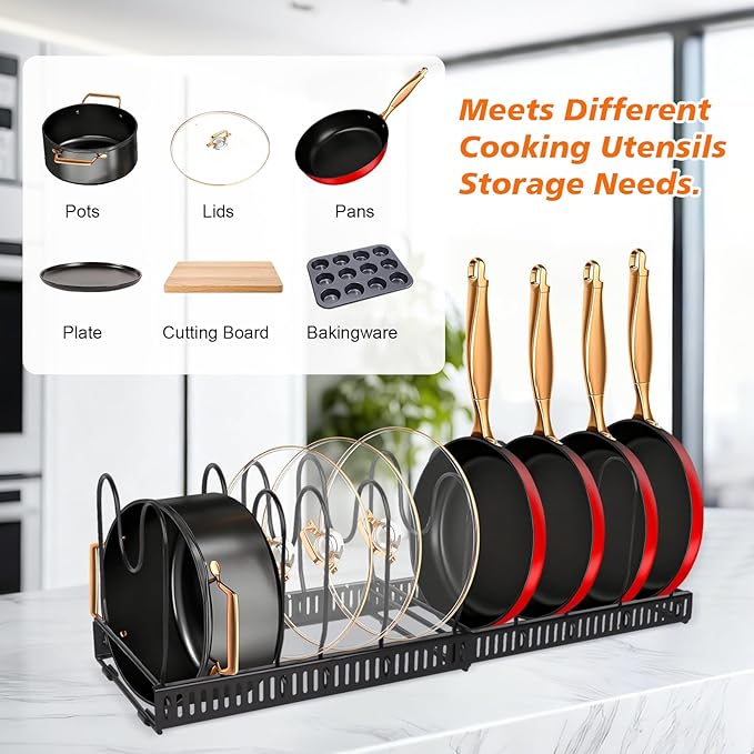 Under Cabinet Pot and Pan Organizer - Expandable (11.8"-22.8") Kitchen Cabinet Storage Rack with 13 Adjustable Dividers for Lids, Cutting Boards & Baking Sheets - Tool-Free Assembly, Black