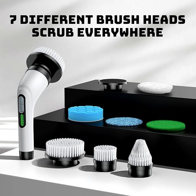 2 Pieces Electric Spin Scrubber - Cordless Bathroom Scrubber with 7 Brush Heads - Dual Speed IPX7 Waterproof Power Scrubber for Heavy-Duty Bathtub, Glass, Tile, and Car Cleaning