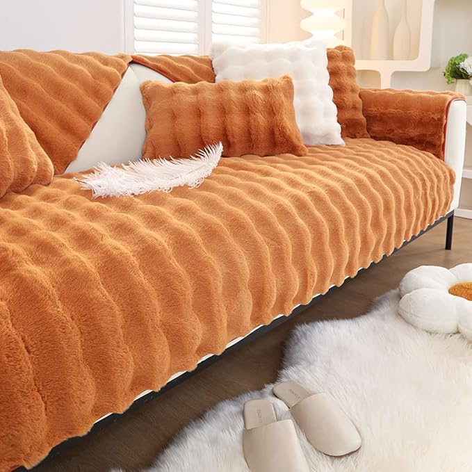 Soft Warm Faux Fur Couch Sofa Cover Thick Shaggy Fuzzy Sectional Couch Cover Non-Slip Solid Color Plush Sofa Slipcover Furniture Protector for Kids, Pets (Dark Orange,36"x36")