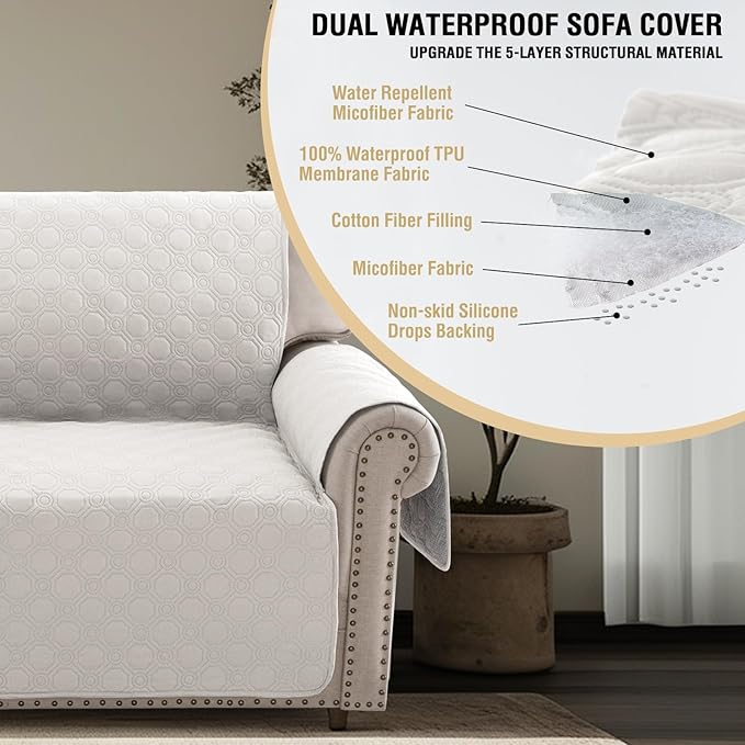 PrinceDeco Beige Loveseat Covers for 2 Cushion Couch Waterproof Sofa Covers, Machine Washable Love Seat Quilted Couch Covers, Pet Friendly Slipcovers (Loveseat 48", Beige Cream)