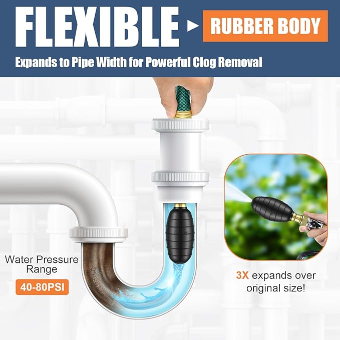 Medium Drain Cleaning Bladder Fits 1.5"–3" Pipes, Drain Bladder Unclogger for Bathroom Sinks, Showers, Swimming Pool Drains, Kitchen Sinks and Main Drains