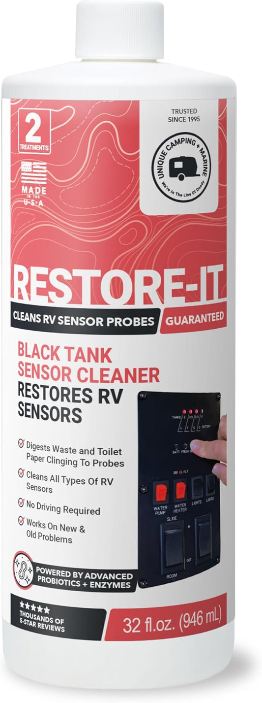 Unique Restore-It RV Sensor Cleaner Liquid - Cleans and Restores Misreading Sensor Probes by Removing Stuck-On Waste in Black Tanks - 2 Treatments Per Bottle (32 oz) Packaging May Vary