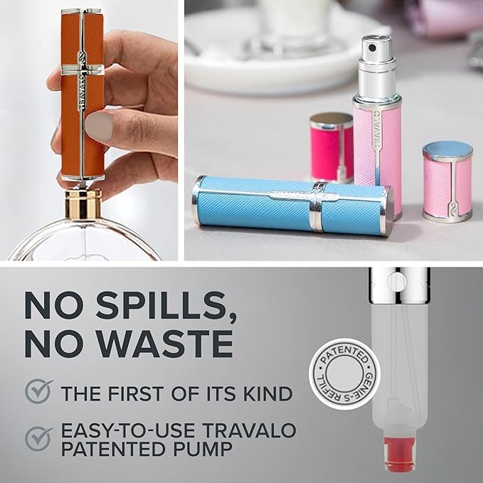 Travalo Milano Perfume Atomizer - Leak-Proof and TSA Approved for Air Travel - Reusable, Airtight, Easy Fill Mini Pump Sprayer - Lightweight, Vegan Leather with Polished Metal Outer Shell - Orange