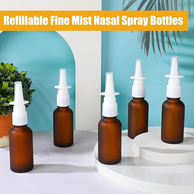 20 Pcs Nasal Spray Bottle, 30ML/1oz 12 Pcs Brown Empty Refillable Matte Glass Nasal Spray Bottle with 4 Funnels and 4 Labels