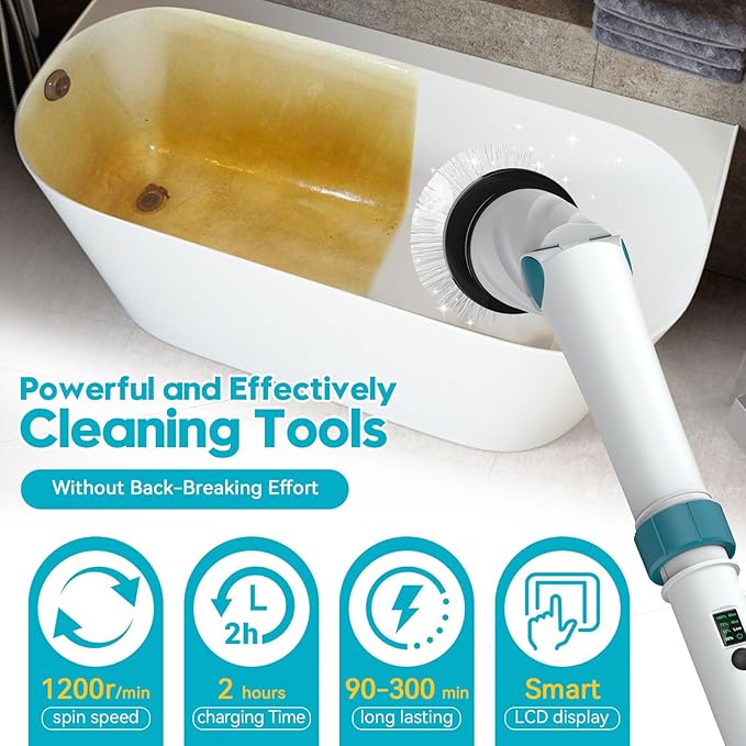 Battery Electric Scrubber for Cleaning Bathroom,1200RPM 21V Spin Scrubber Electric Spin Brush for Cleaning, 50'' Cordless Power Shower Scrubber W/ 8 Brushes for Grout Tile Tub Floor